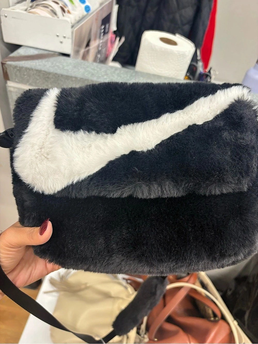 Nike Sportswear Faux Fur Tote Black & White Crossbody Bag